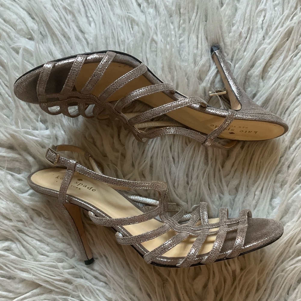Kate Spade Metallic Silver Crackle Leather Strappy Cage Slingback Sandal Heel 8